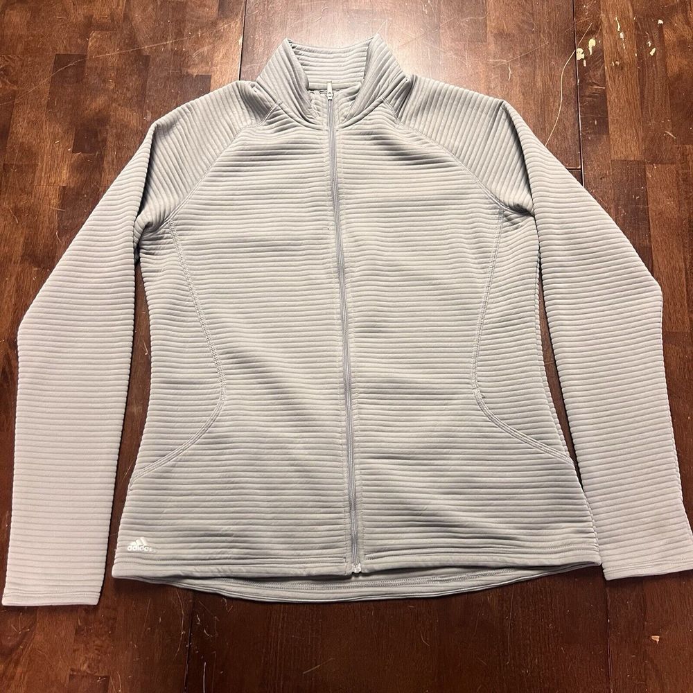 Adidas Jacket Womens Large Gray Ribbed Zip Up Outdoors Run Workout Thumb Holes - Picture 2 of 9